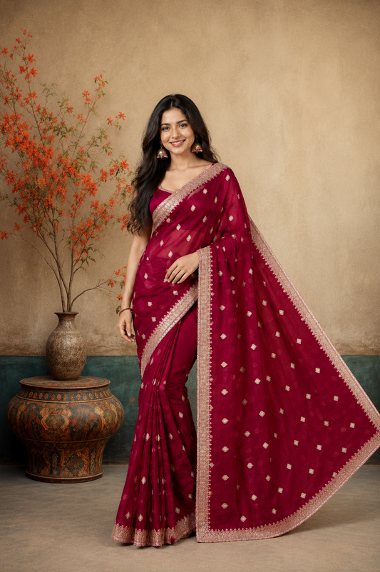 Embroidered Saree with Elegant Zari Border