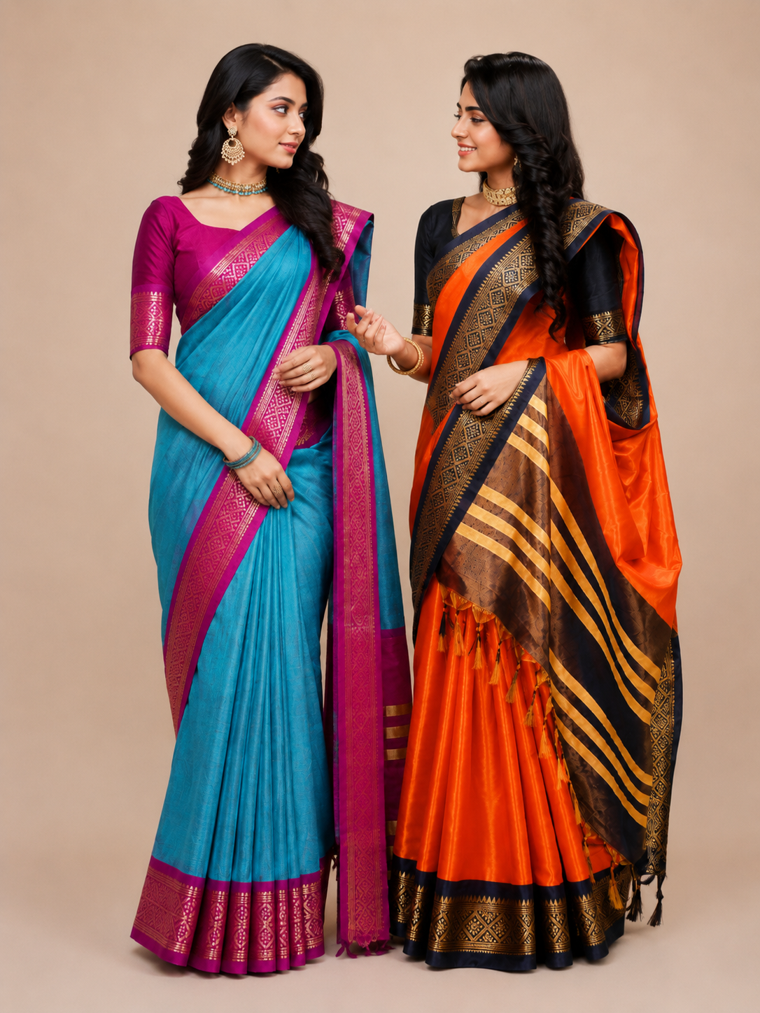 Teal Blue & Orange Silk Sarees