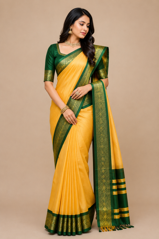 Elegant  Saree with Rich Green Zari Border