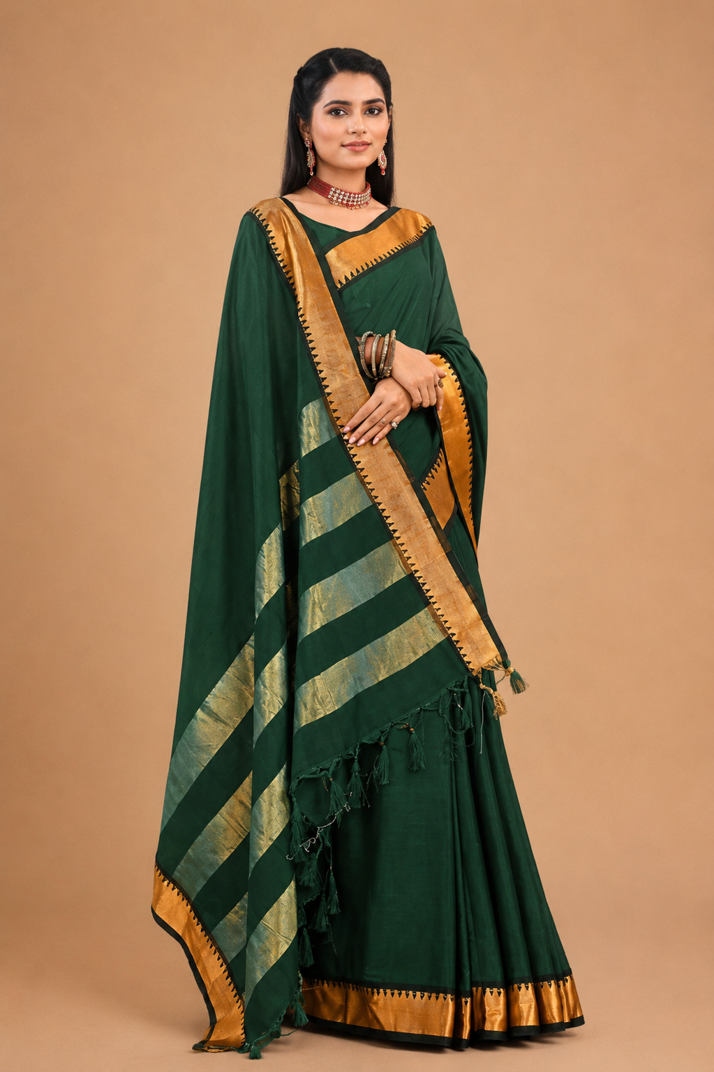 Emerald  Traditional Saree with Golden Zari Border