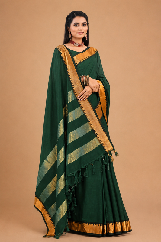 Emerald  Traditional Saree with Golden Zari Border
