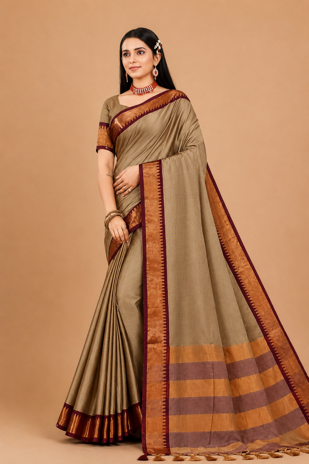 Emerald  Traditional Saree with Golden Zari Border
