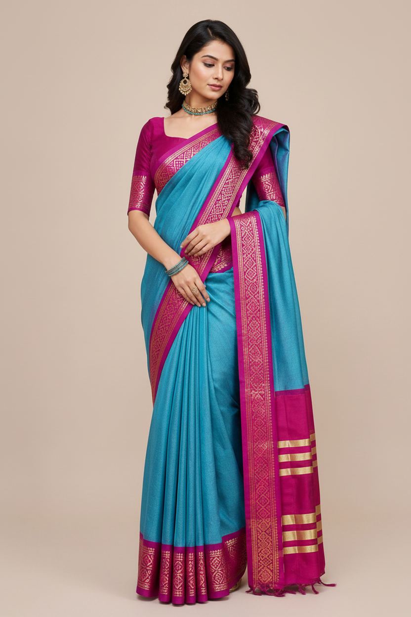 Teal Blue & Orange Silk Sarees