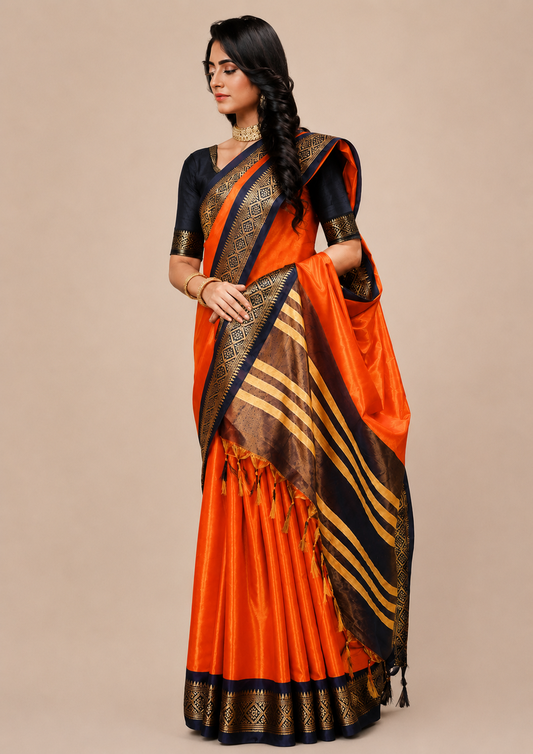 Teal Blue & Orange Silk Sarees