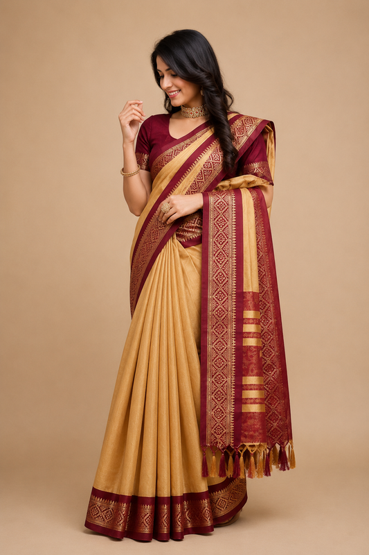 Elegant Beige & Maroon Traditional Saree with Zari Border