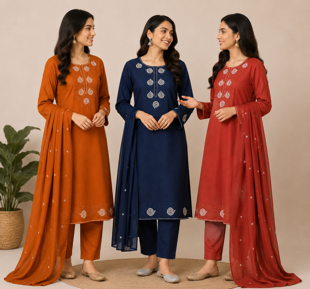 Women’s Rust Embroidered Kurta Pant Dupatta Set