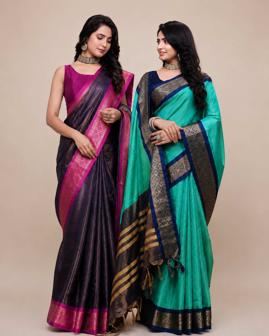 Royal Navy Blue & Magenta Traditional Silk Saree
