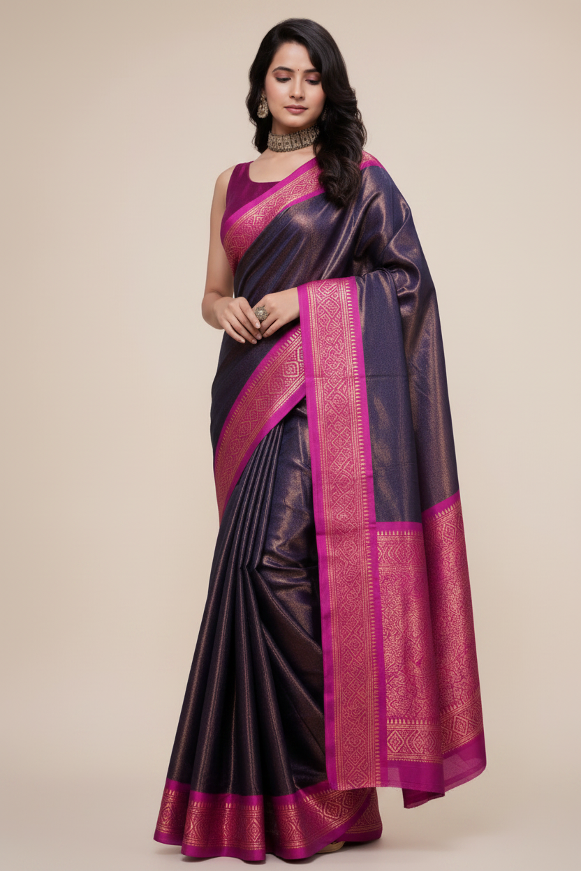 Royal Navy Blue & Magenta Traditional Silk Saree
