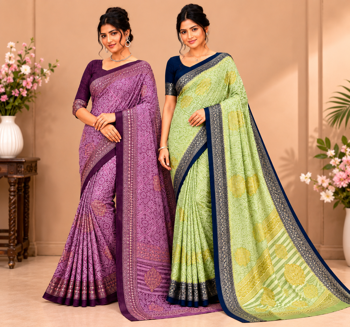 Women’s Printed Saree with Navy Blue Border