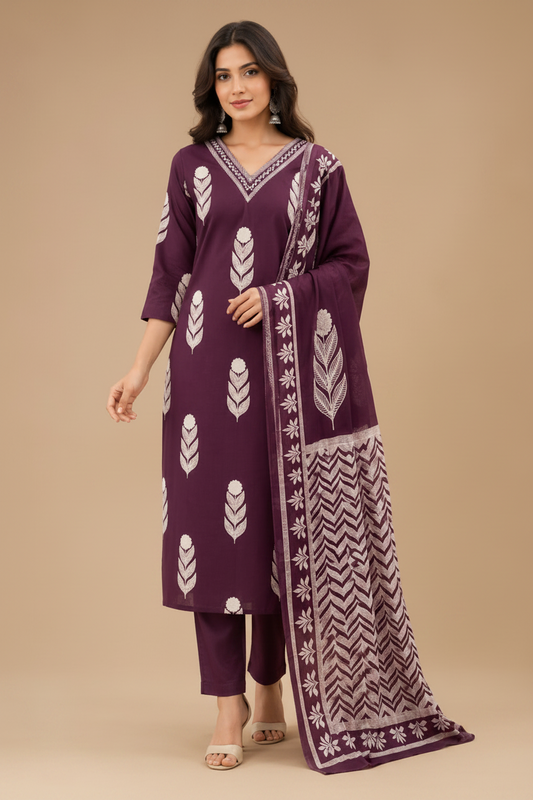 Women’s Wine Purple Printed Kurta Pant Dupatta Set