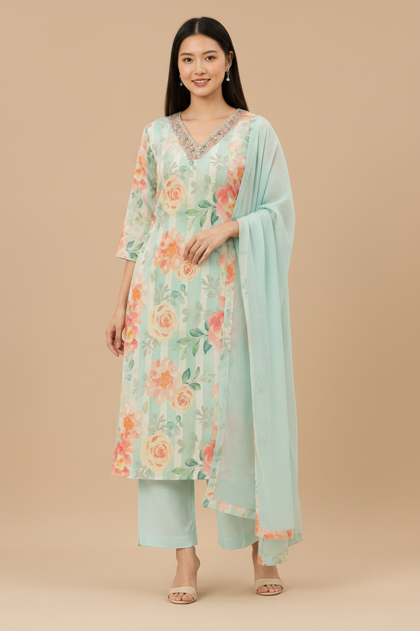 Women’s Mint Green Floral Printed Kurta Pant Dupatta Set