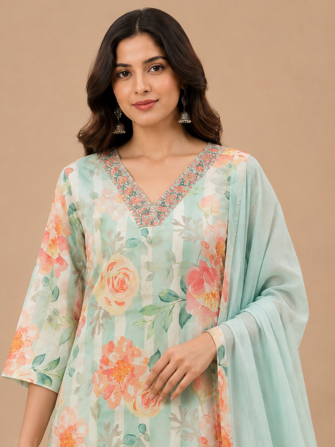 Women’s Mint Green Floral Printed Kurta Pant Dupatta Set