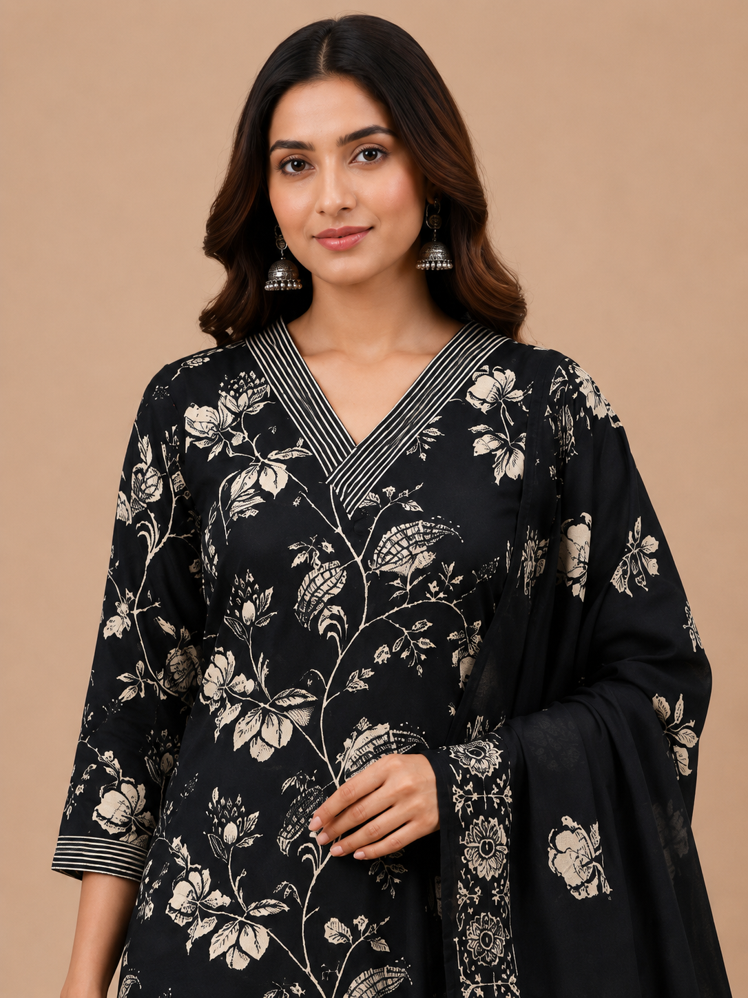Women’s Black Floral Printed Kurta Pant Dupatta Set