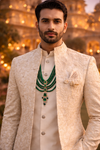 Men Cream Jodhpuri Tuxedo Set Silk Blend Fabric Ethnic Wear