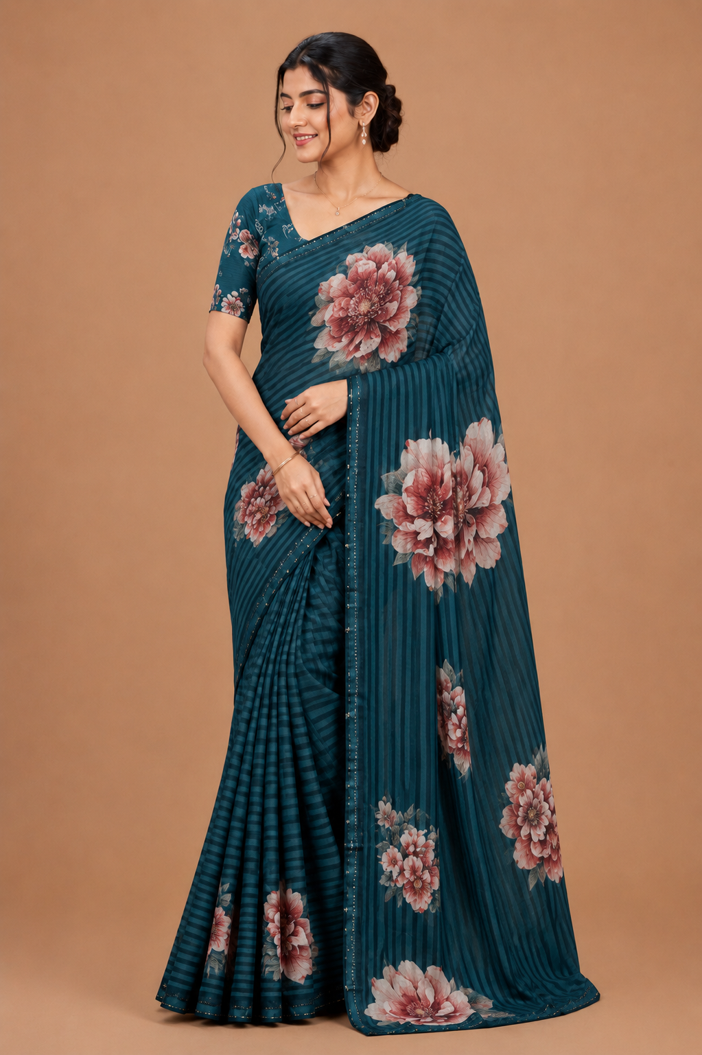 Floral Printed Saree with Striped Design
