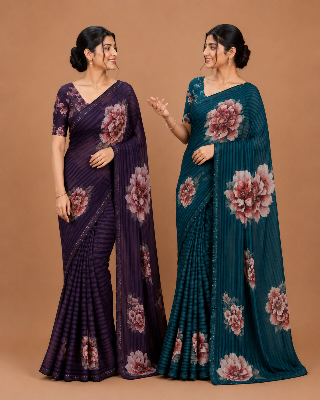 Floral Printed Saree with Striped Design