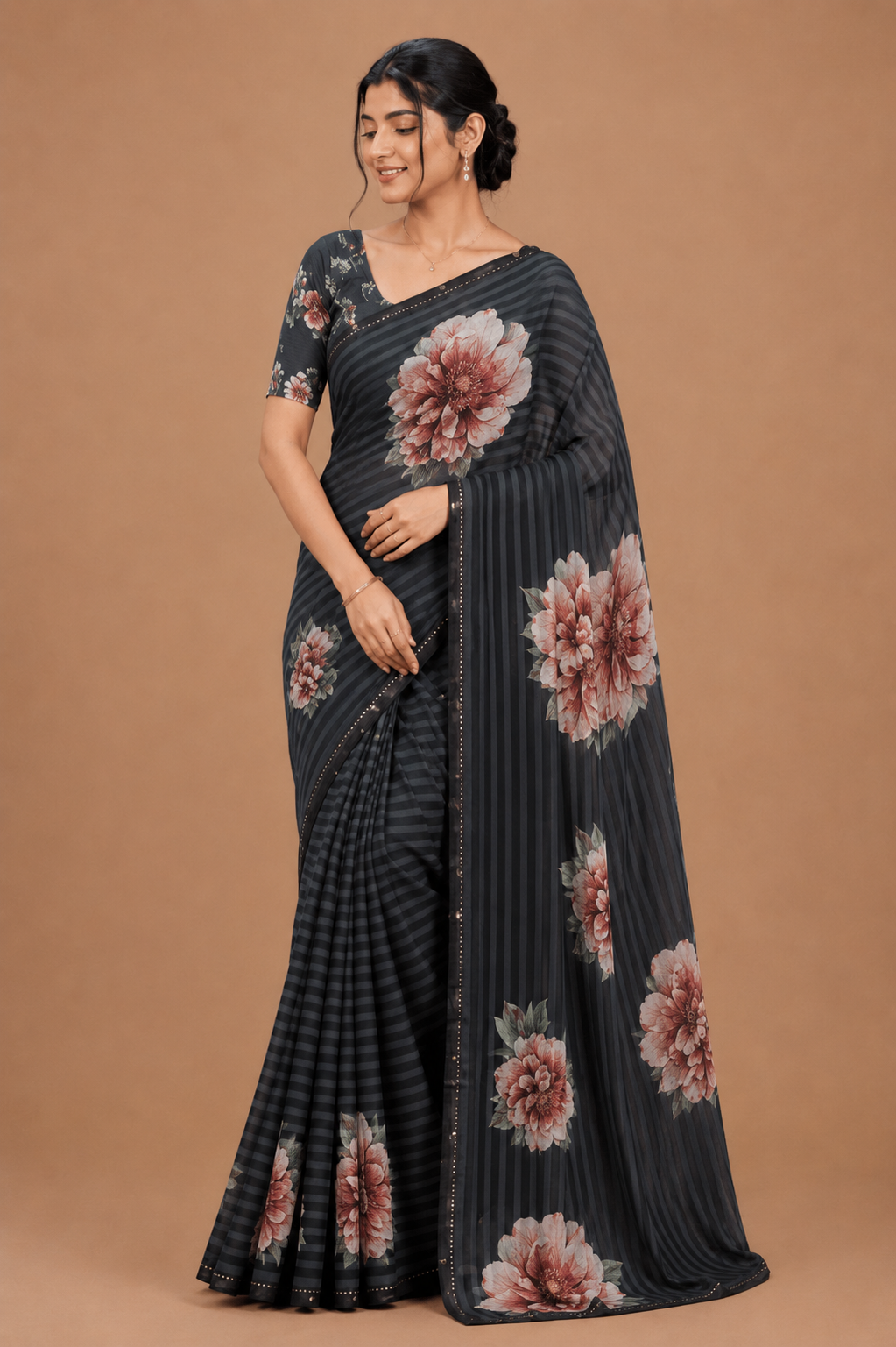 Elegant Floral Striped Saree