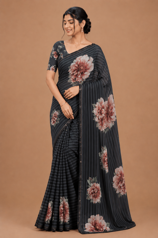 Elegant Floral Striped Saree
