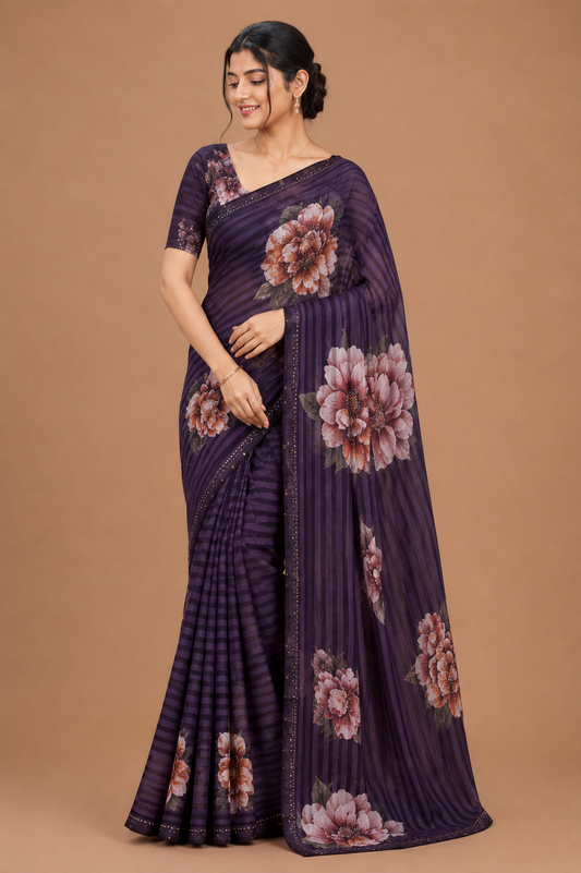 Floral Printed Saree with Striped Design