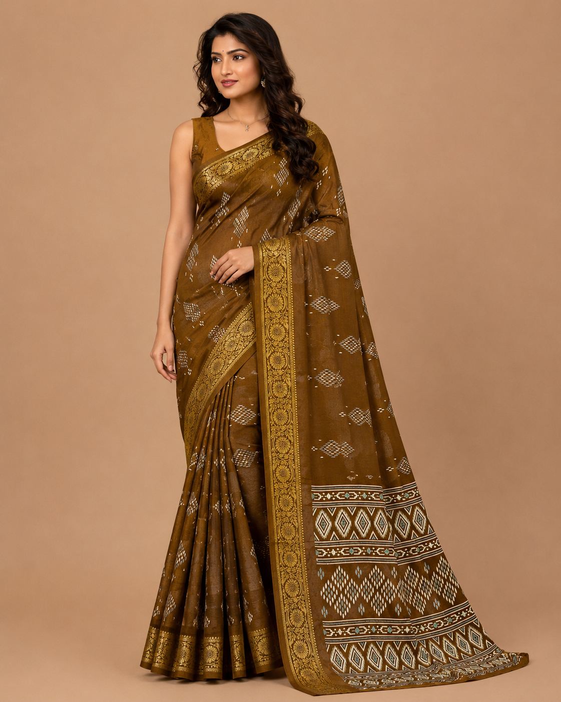 Women’s Traditional Printed Saree with Golden Border