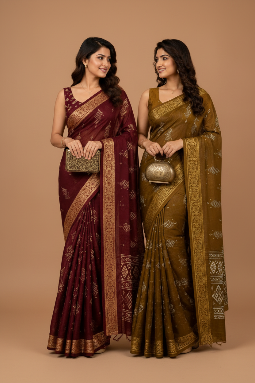 Women’s Traditional Printed Saree with Golden Border