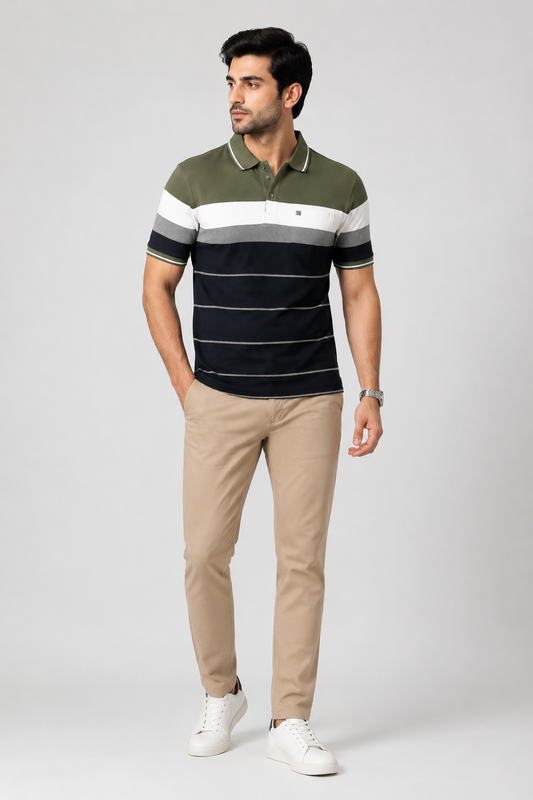 Men’s Olive Green & Navy Striped Polo T-Shirt