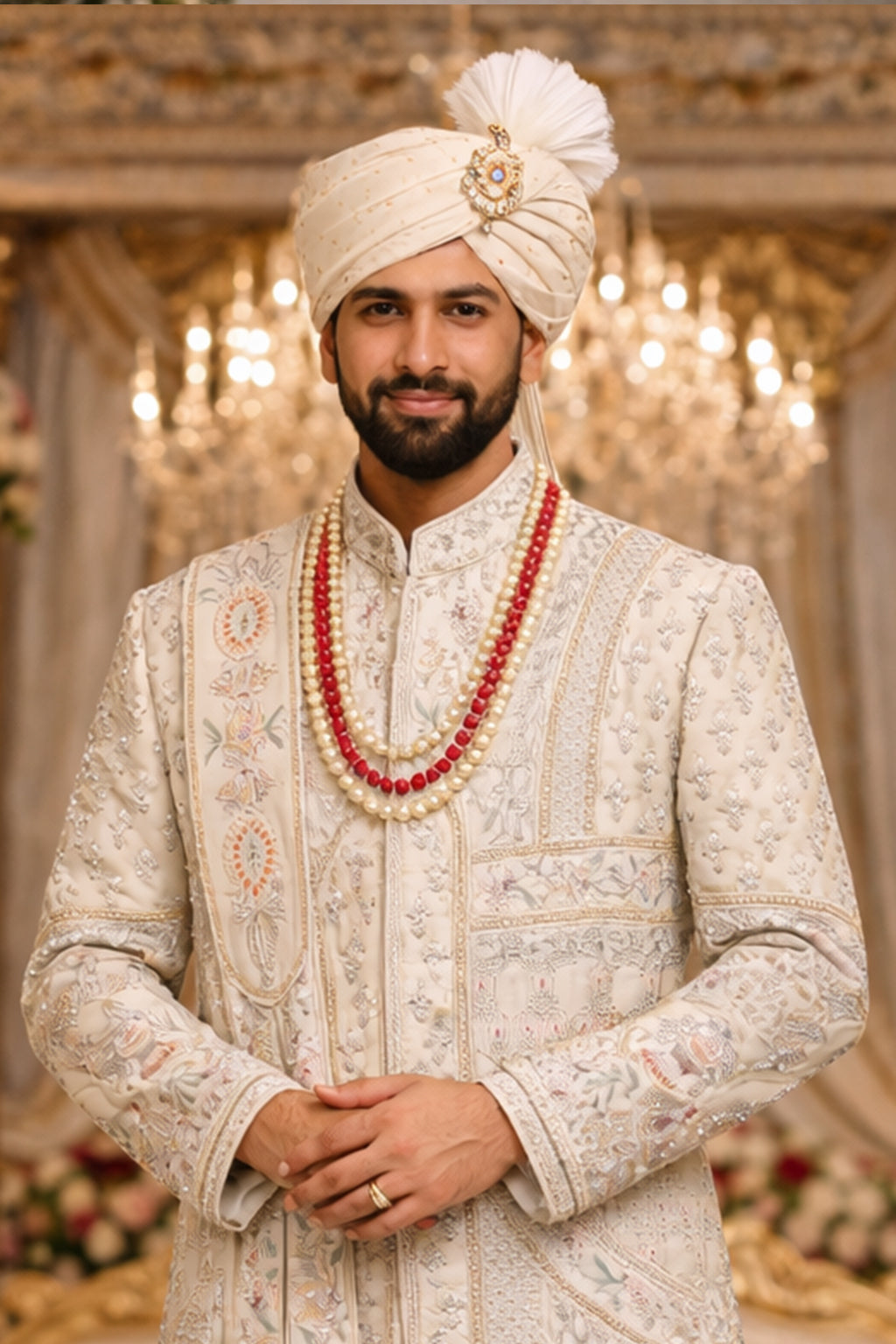 Men’s Ivory Heavy Embroidered Multi Layer Sherwani