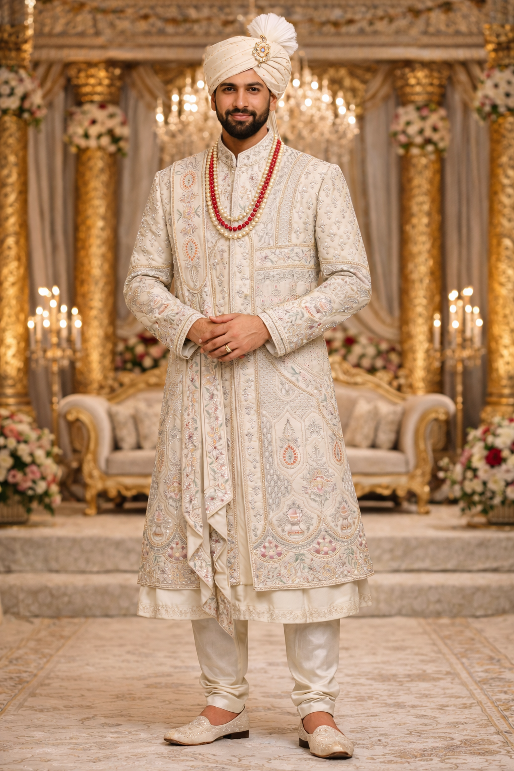 Men’s Ivory Heavy Embroidered Multi Layer Sherwani