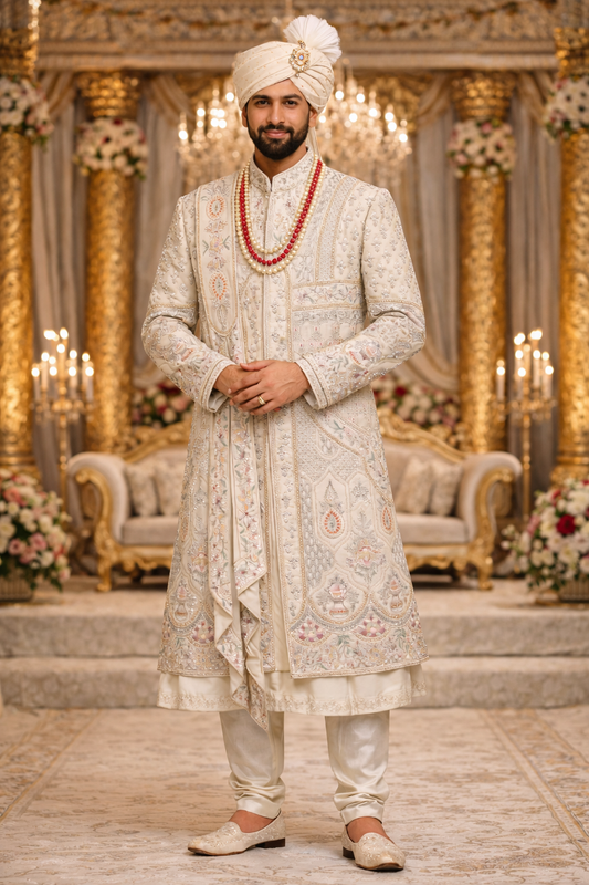 Men’s Ivory Heavy Embroidered Multi Layer Sherwani