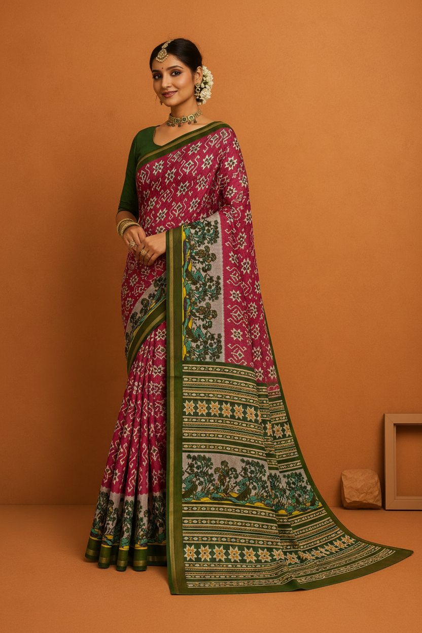 Women's Magenta Printed Saree with  Traditional Border