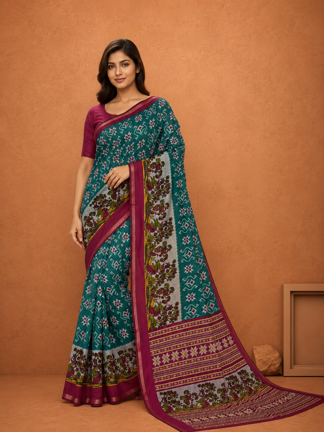 Women's Magenta Printed Saree with  Traditional Border