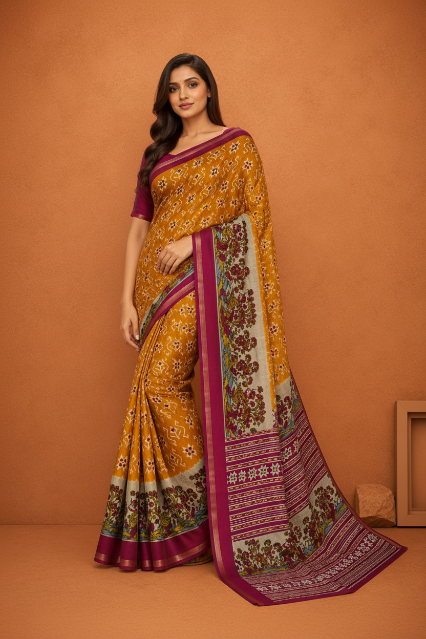 Women's Magenta Printed Saree with  Traditional Border