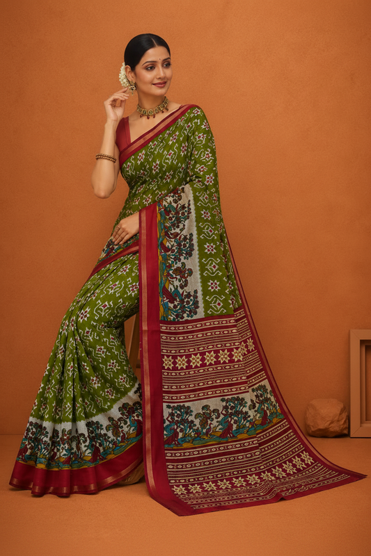 Women's Magenta Printed Saree with  Traditional Border