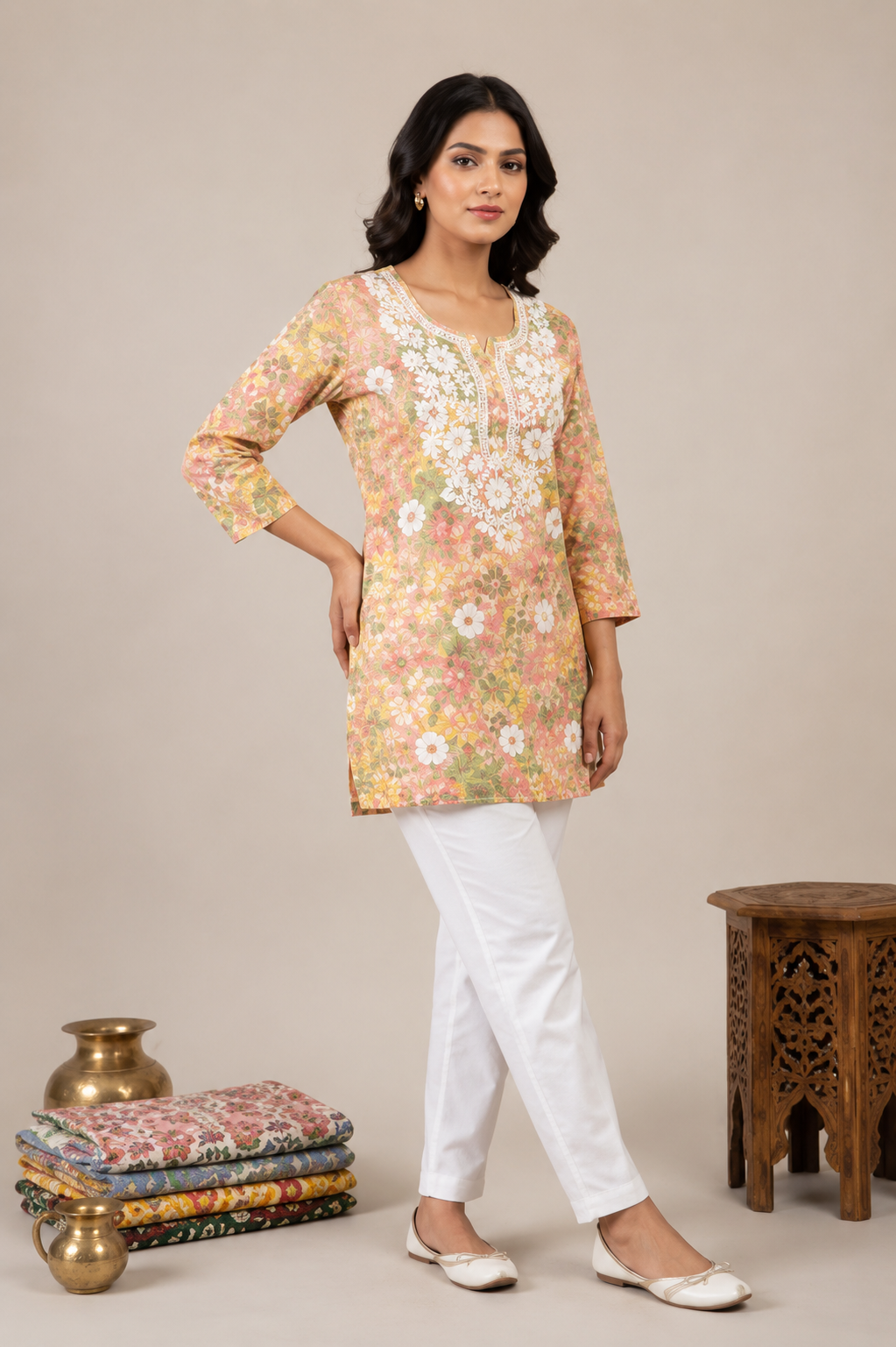 Women’s Pink Floral Printed Cotton Top with Embroidery Work