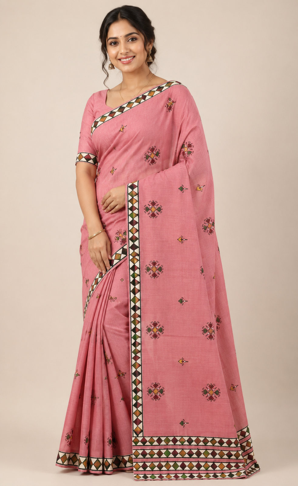 Embroidered Cotton Blend Saree with Geometric Border