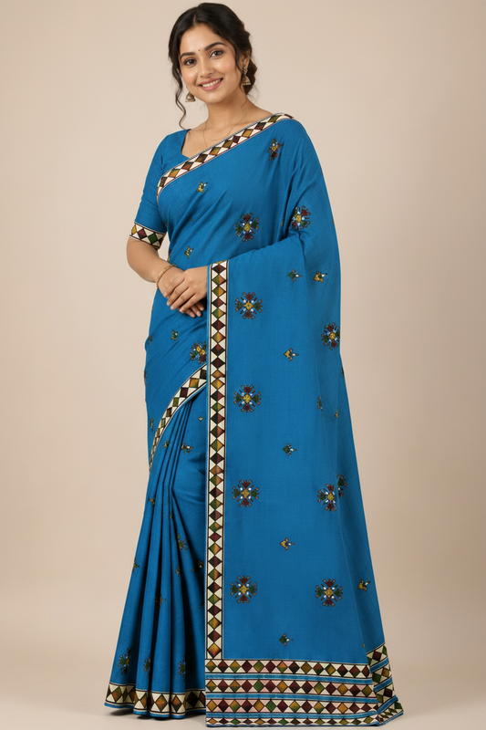 Embroidered Cotton Blend Saree with Geometric Border