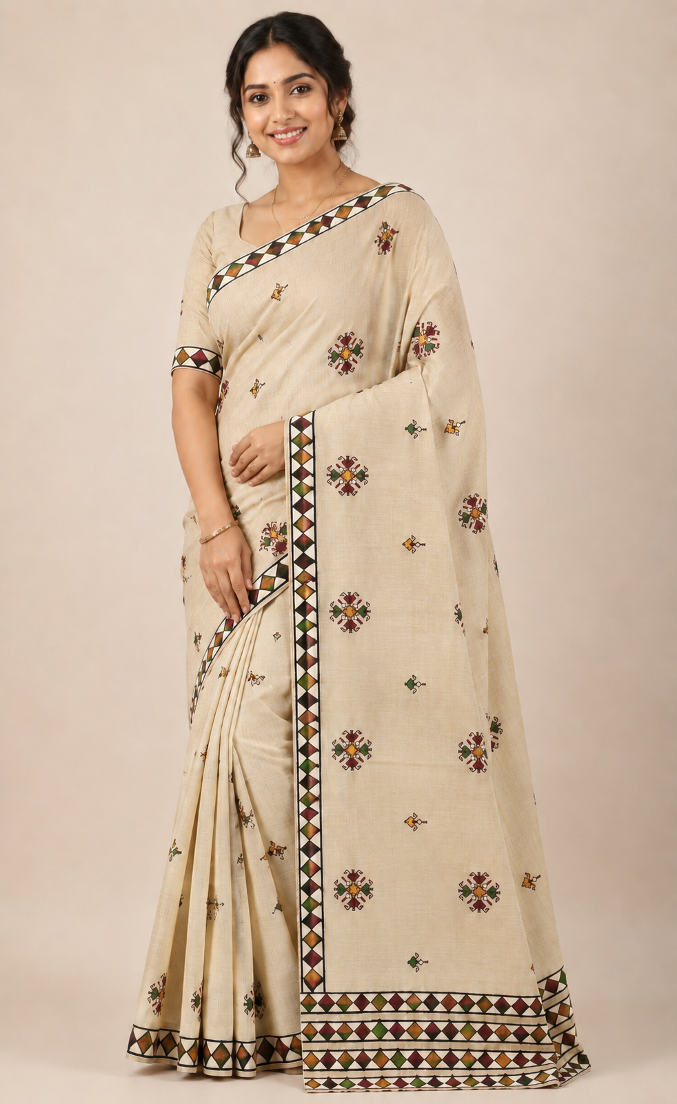 Embroidered Cotton Blend Saree with Geometric Border