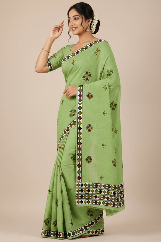 Embroidered Cotton Blend Saree with Geometric Border