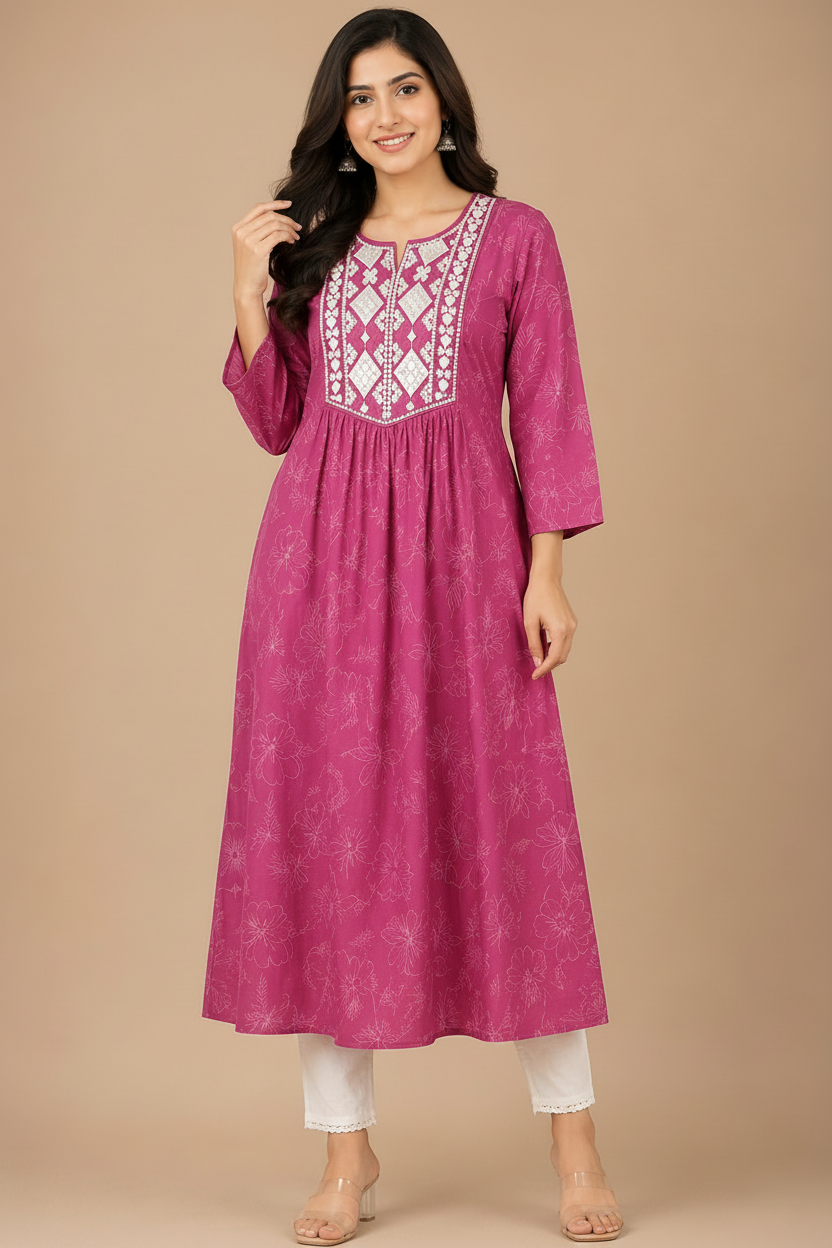Magenta Embroidered Anarkali Kurti for Women