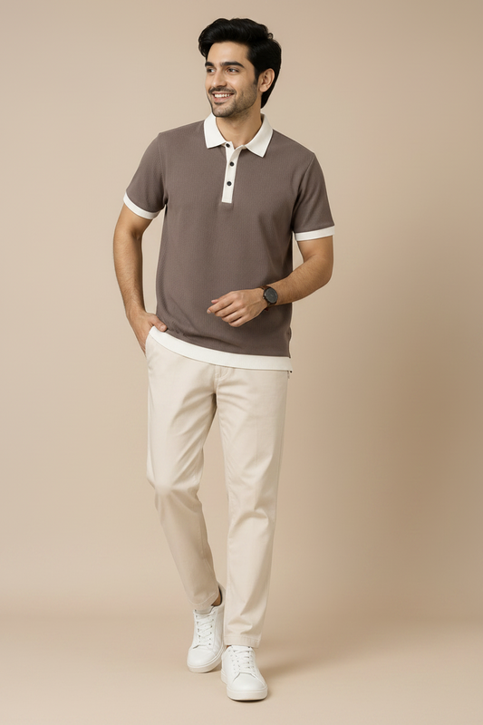 Men’s Taupe Ribbed Polo T-Shirt
