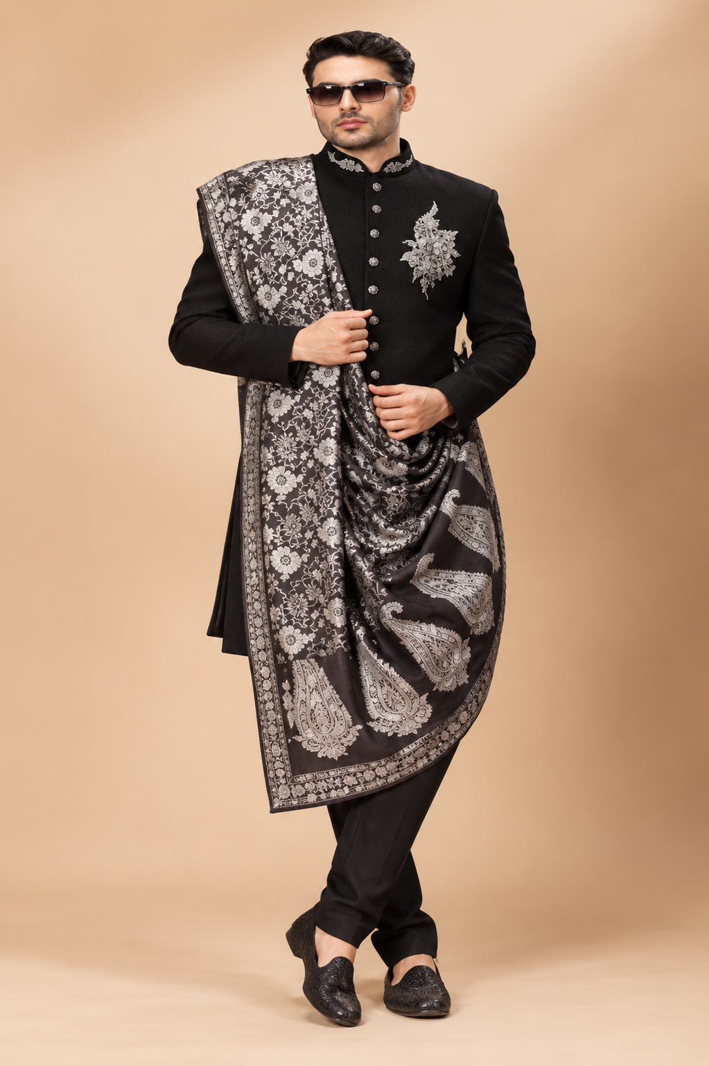 Classic Black Embroidered Achkan with Monochrome Paisley Shawl