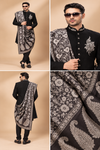 Classic Black Embroidered Achkan with Monochrome Paisley Shawl
