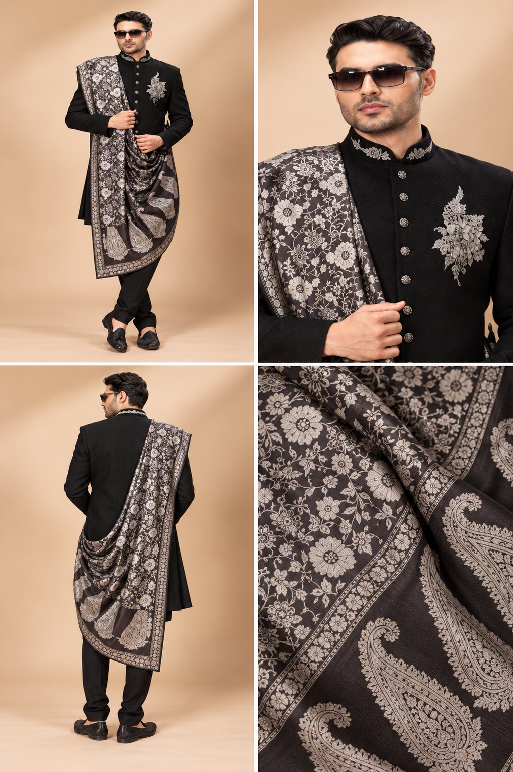 Classic Black Embroidered Achkan with Monochrome Paisley Shawl