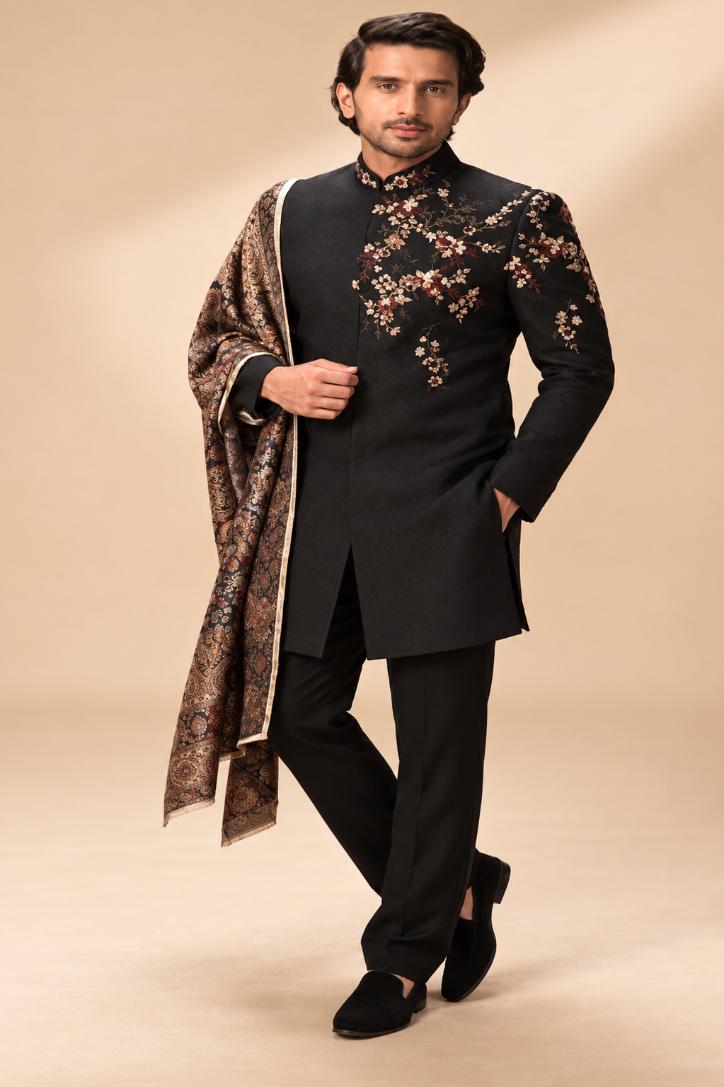 Black Floral Embroidered Indo-Western Set