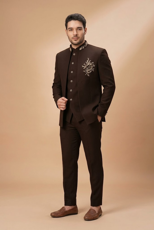 Chocolate Brown Embroidered Jodhpuri Suit