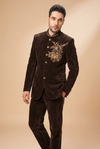 Chocolate Brown Velvet Embroidered Jodhpuri Suit