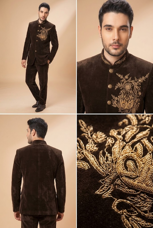Chocolate Brown Velvet Embroidered Jodhpuri Suit