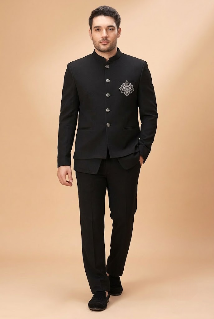 Classic Black Jodhpuri Suit with Embroidered Motif