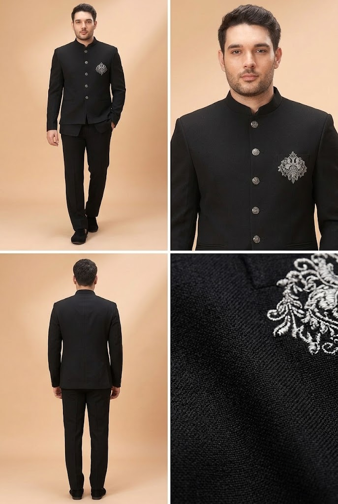 Classic Black Jodhpuri Suit with Embroidered Motif