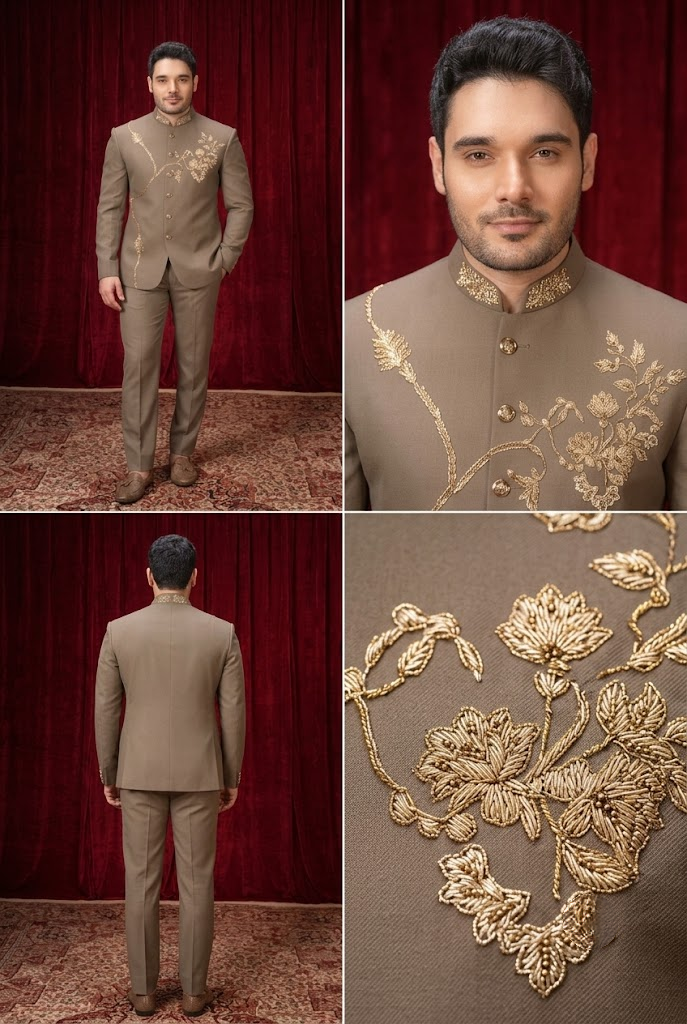 Taupe Gold Embroidered Jodhpuri Suit